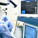 Hospital equipment, while two doctors perform surgery in the background.